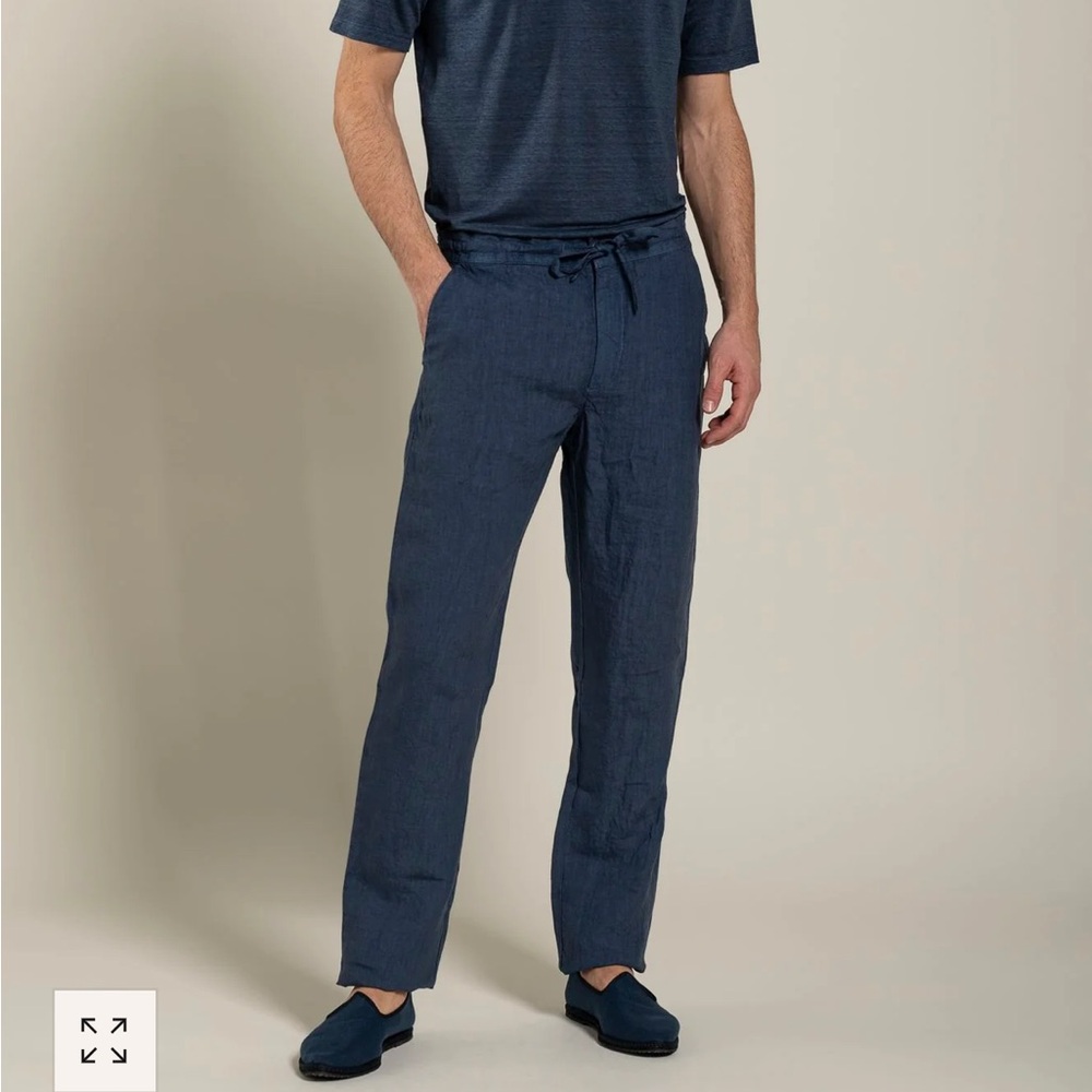 120% lino navy blue linen drawstring pants